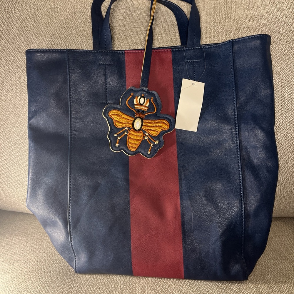 Saks Fifth Avenue Blue and Red Tote Bag with Structured Design